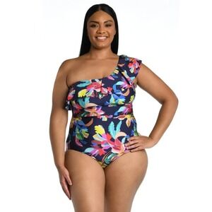 NEW La Blanca By The Sea One Shoulder Ruffle‎ One Piece Swimsuit Size 18W